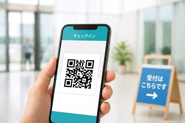 スマホのQRコードで受付にチェックインする様子